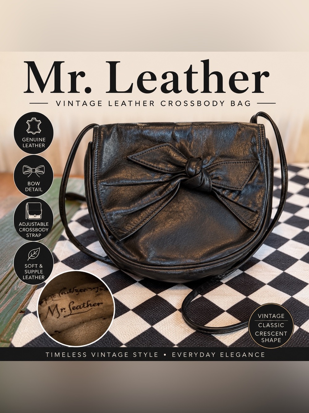 Mr. Leather Black Vintage Bow-Accent Leather Crossbody Bag